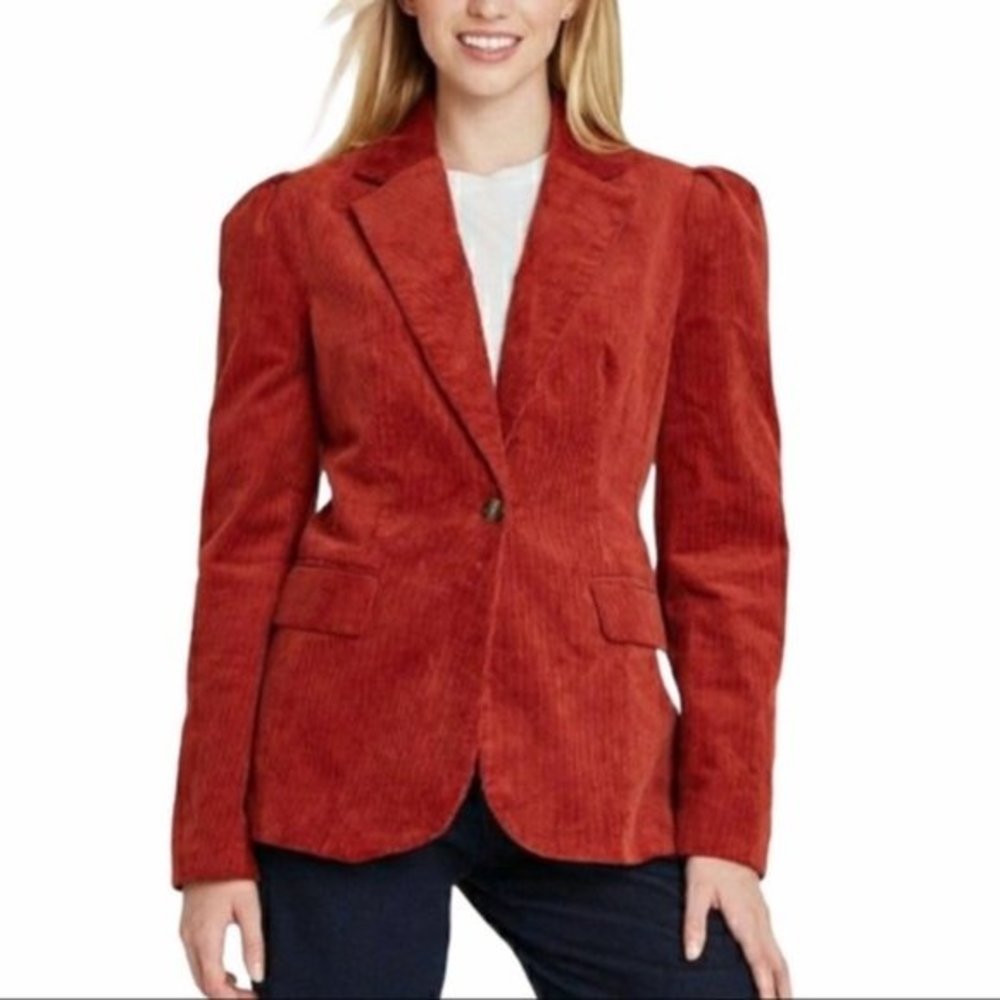 A New Day NWT Corduroy Red Rust Lined One Button Puff Shoulders Blazer Jacket 6